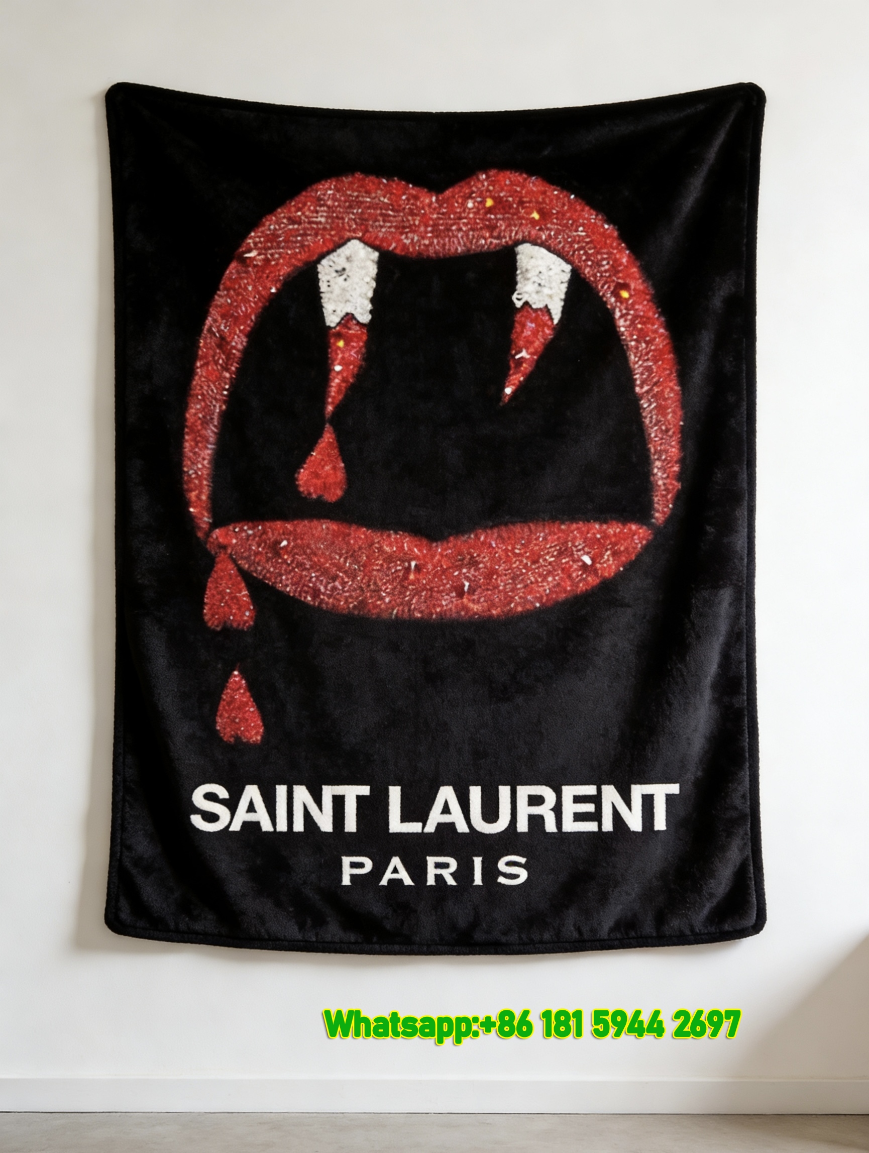 Yves Saint Laurent YSL Red Vampire Lips Print Flannel Sofa Throw Blanket Luxury Black Background Decor Blanket IMG_3254